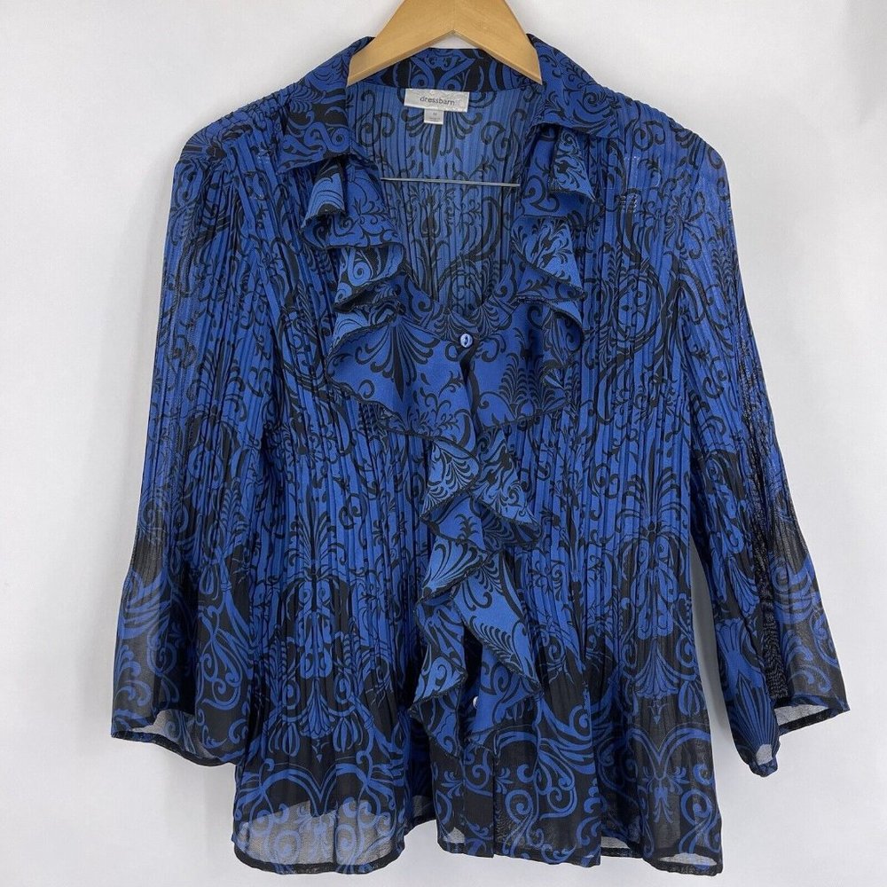 Dress Barn Blouse Womens Medium M Blue Black Ruffle Ribbed Button V Neck